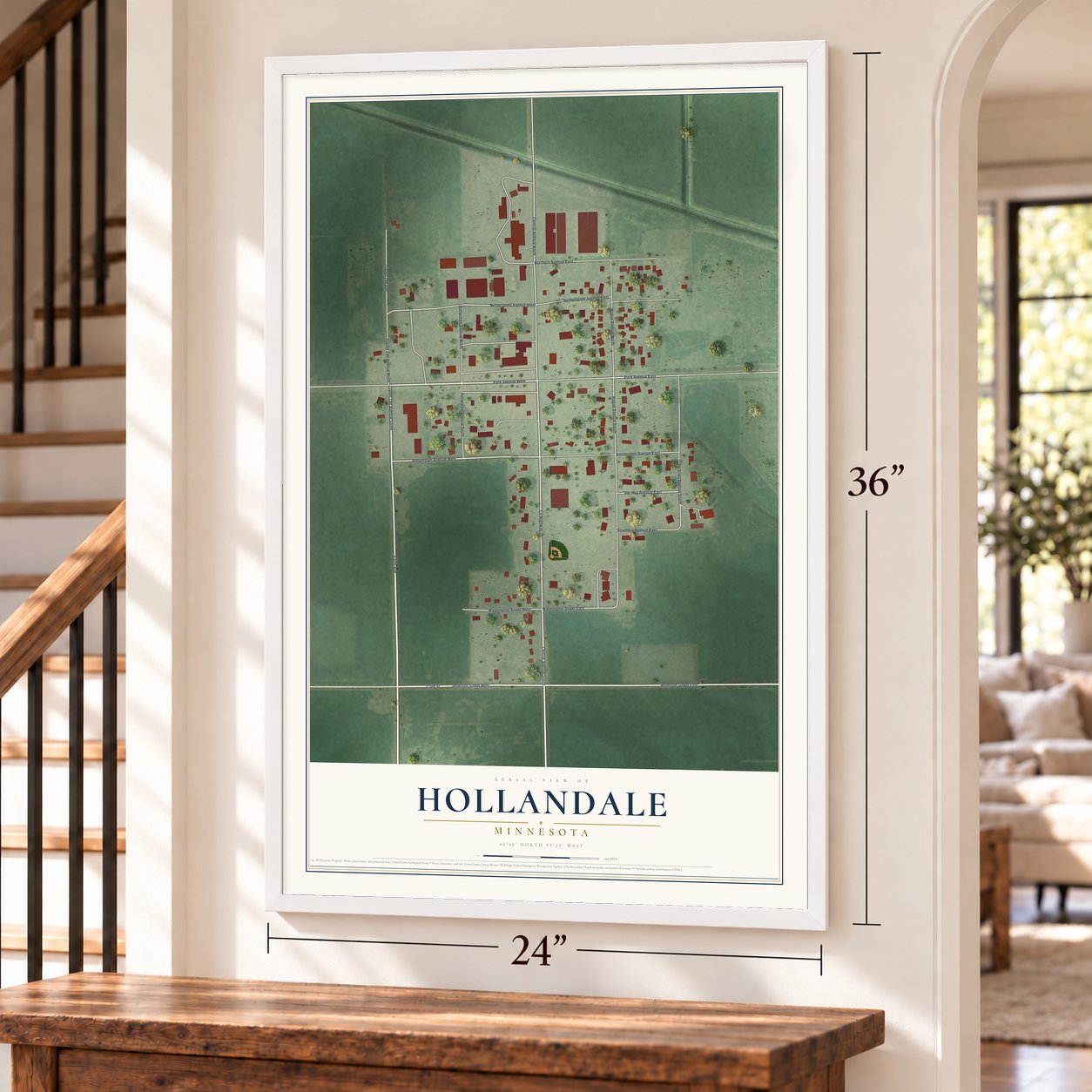 Hollandale, Minnesota map, 24 x 36 inch print in a white frame by a staircase