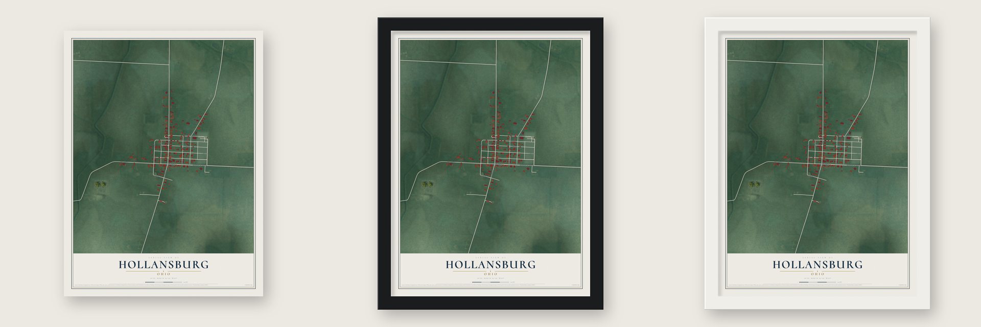 Hollansburg, Ohio map unframed, in a black wood frame and in a white wood frame
