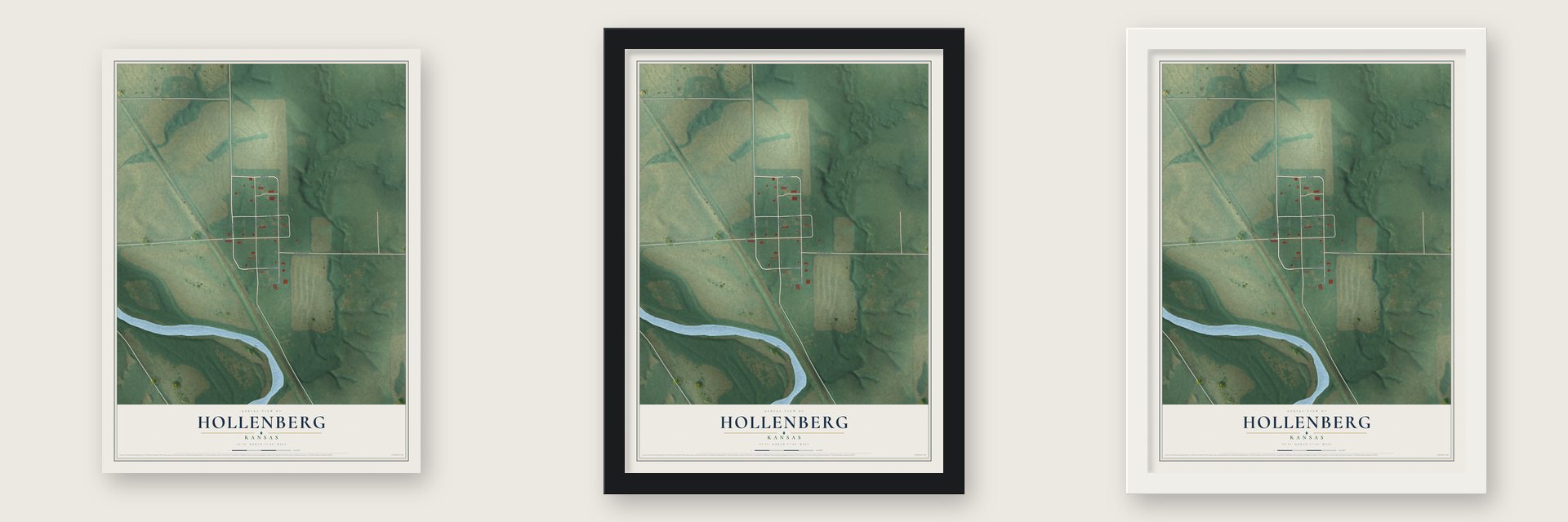 Hollenberg, Kansas map unframed, in a black wood frame and in a white wood frame