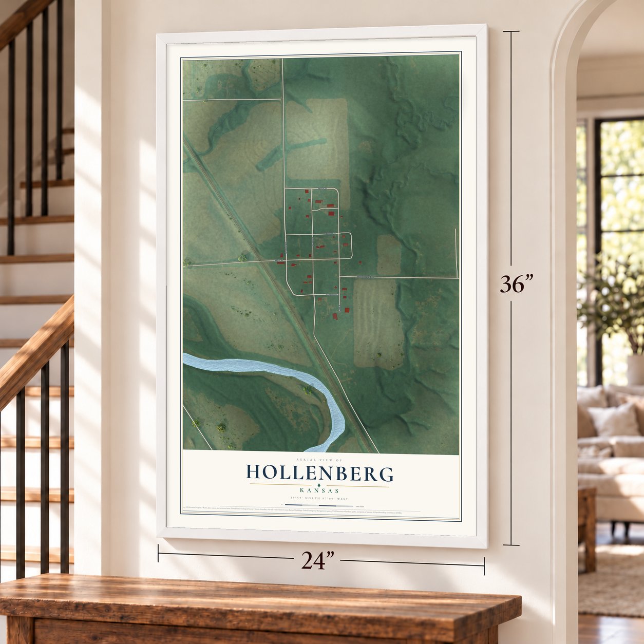 Hollenberg, Kansas map, 24 x 36 inch print in a white frame by a staircase