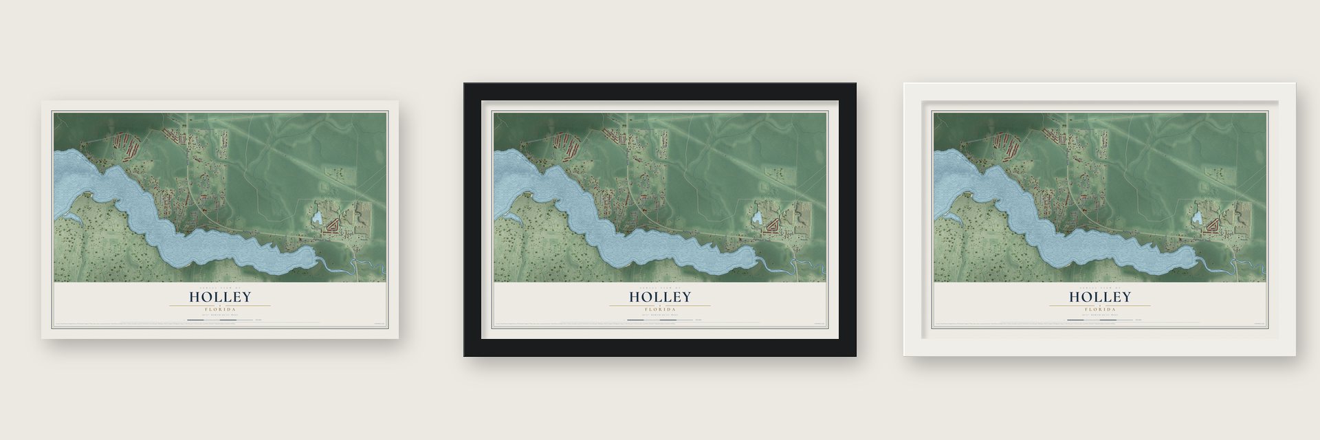 Holley, Florida map unframed, in a black wood frame and in a white wood frame