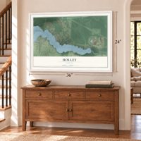 Holley, Florida map, 24 x 36 inch print in a white frame above a dresser by a staircase