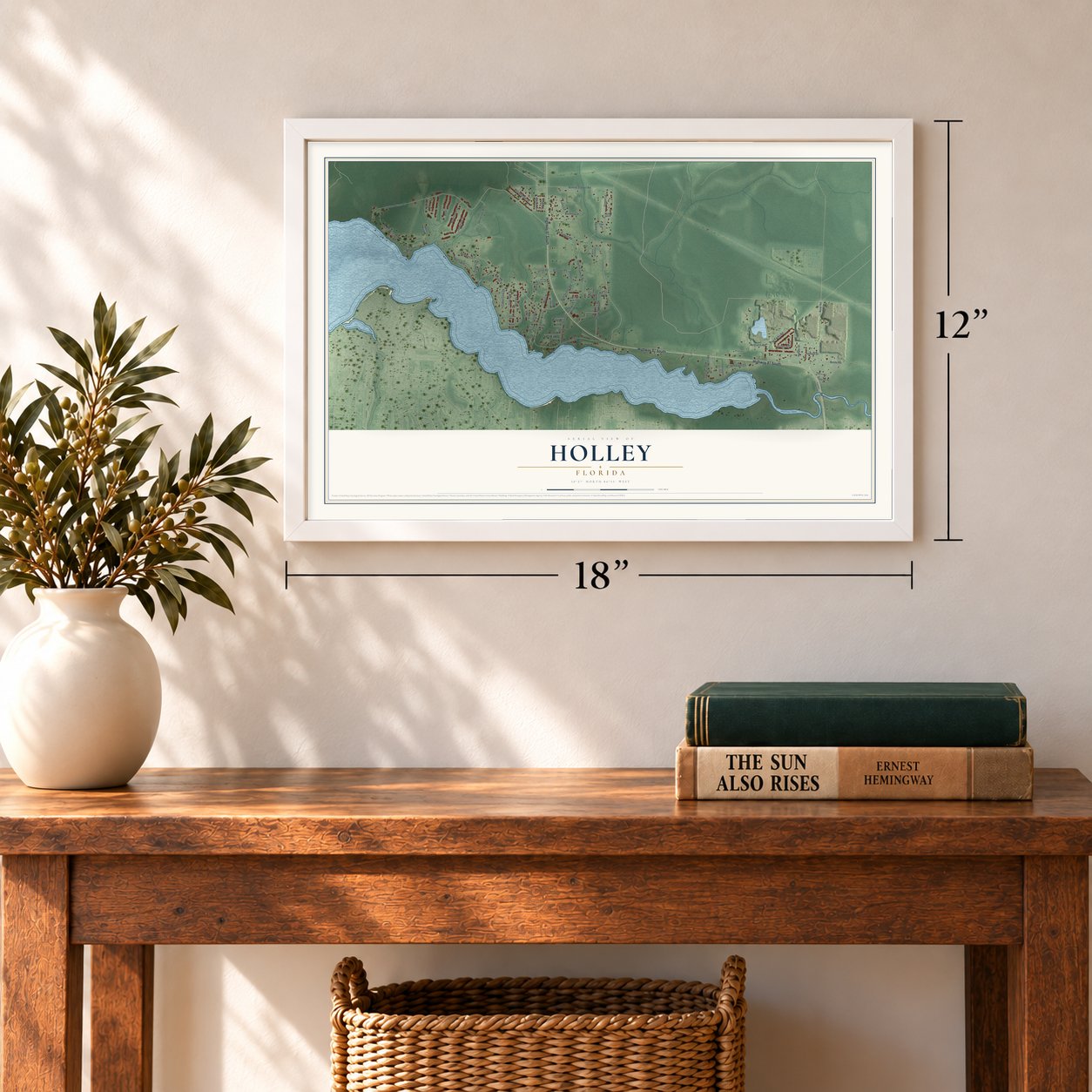 Holley, Florida map, 12 x 18 inch print in a white frame in an entryway