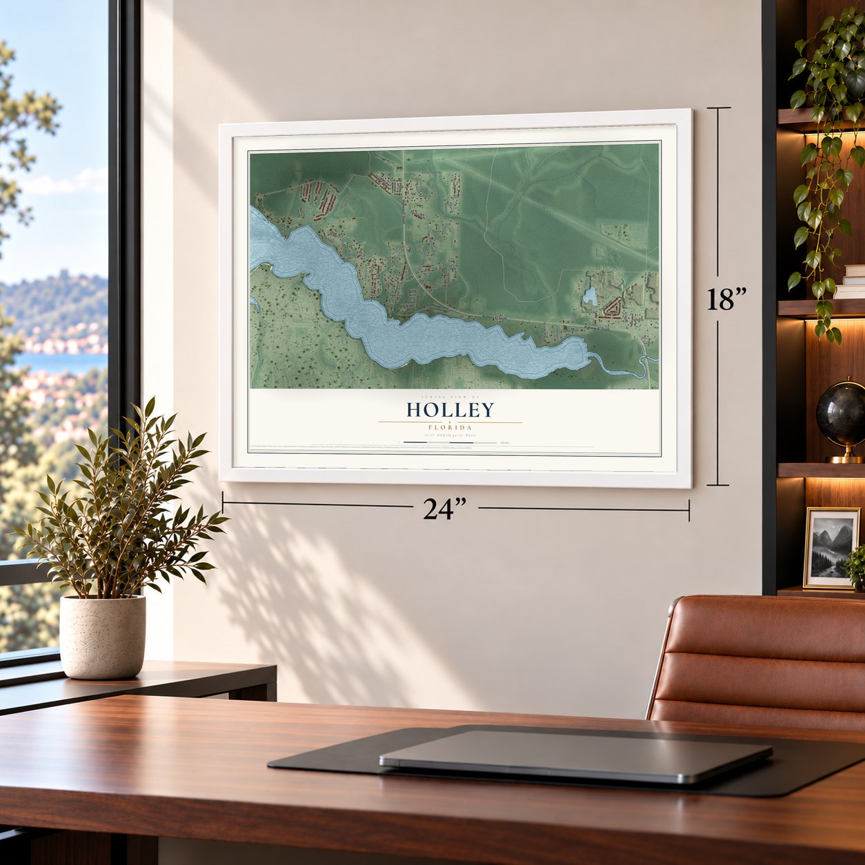 Holley, Florida map, 18 x 24 inch print in a white frame in a home office