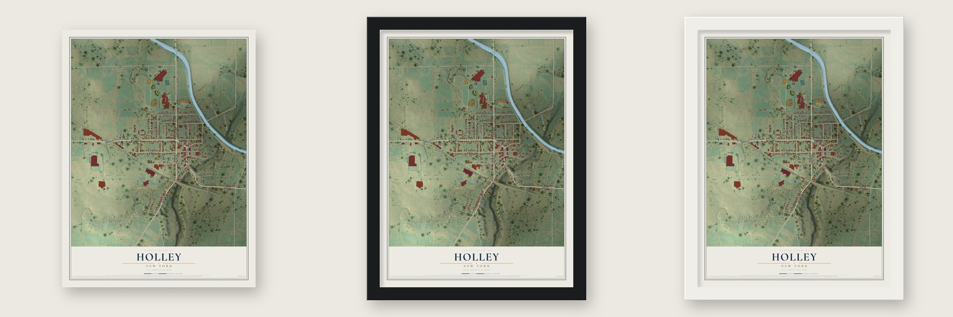 Holley, New York map unframed, in a black wood frame and in a white wood frame