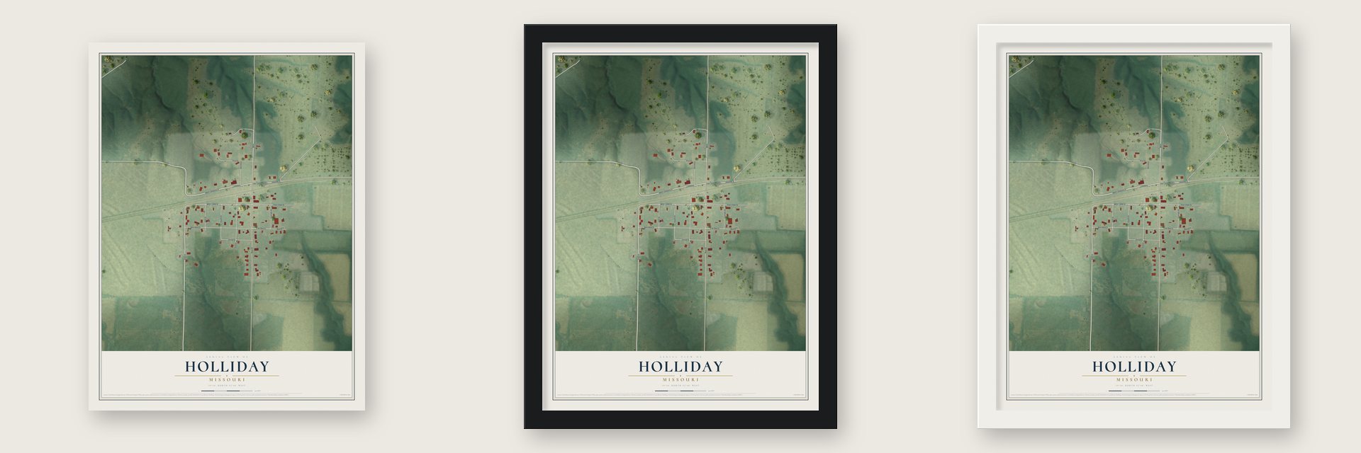 Holliday, Missouri map unframed, in a black wood frame and in a white wood frame