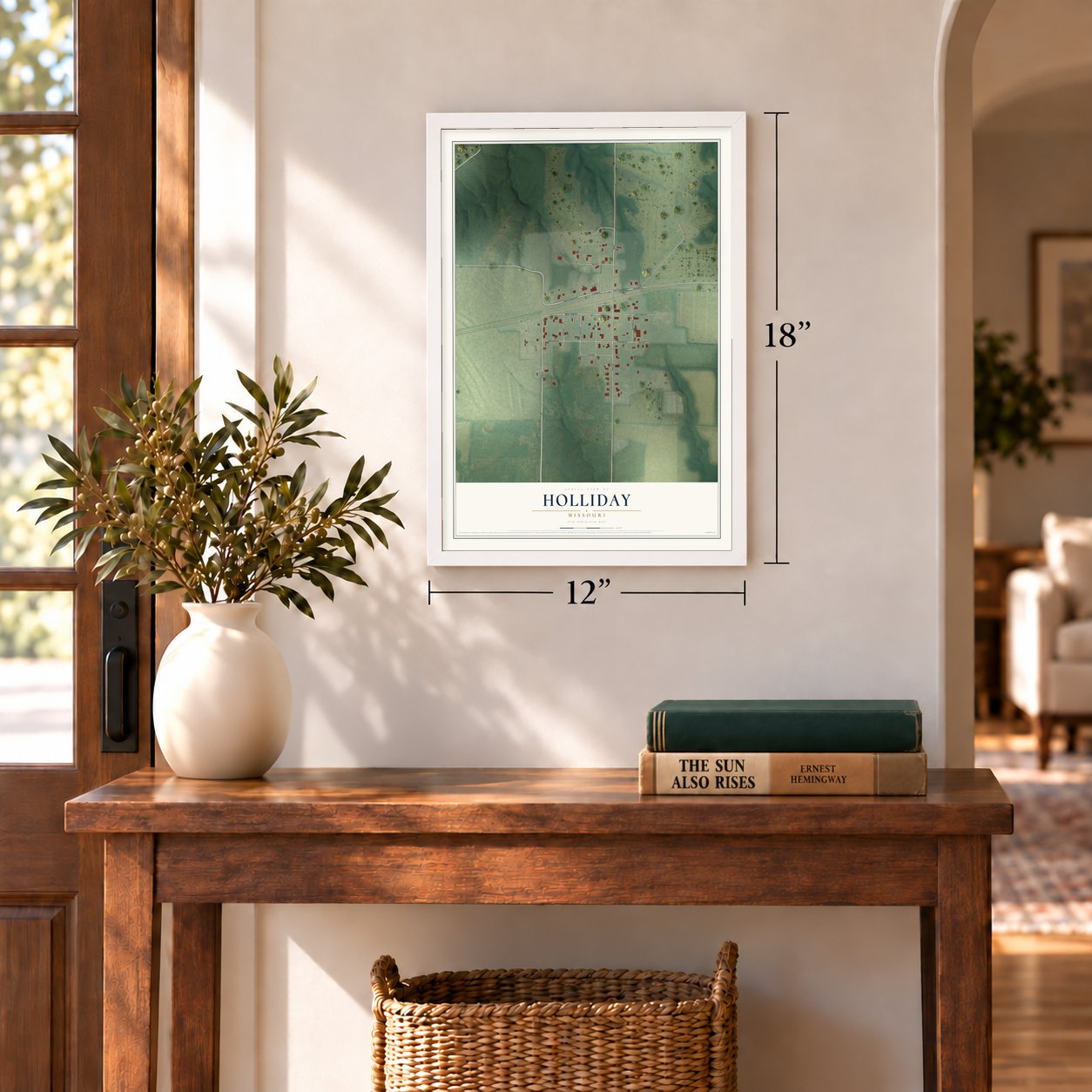 Holliday, Missouri map, 12 x 18 inch print in a white frame in an entryway