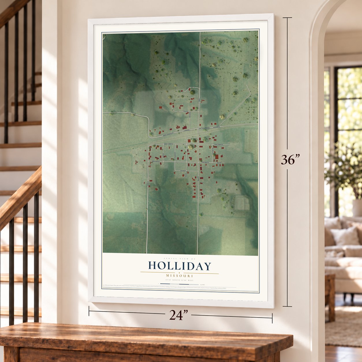 Holliday, Missouri map, 24 x 36 inch print in a white frame by a staircase