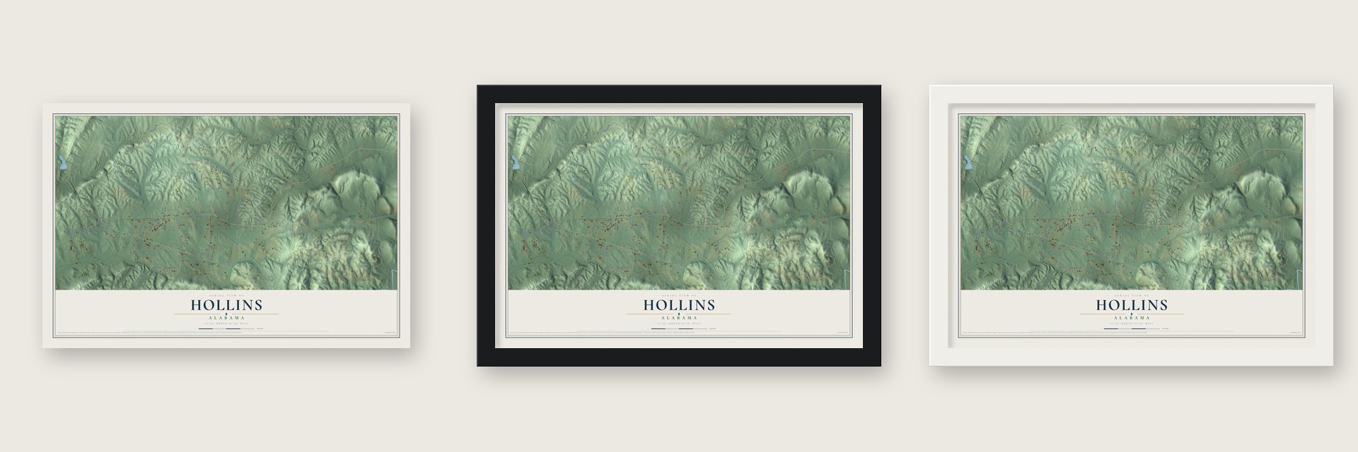 Hollins, Alabama map unframed, in a black wood frame and in a white wood frame