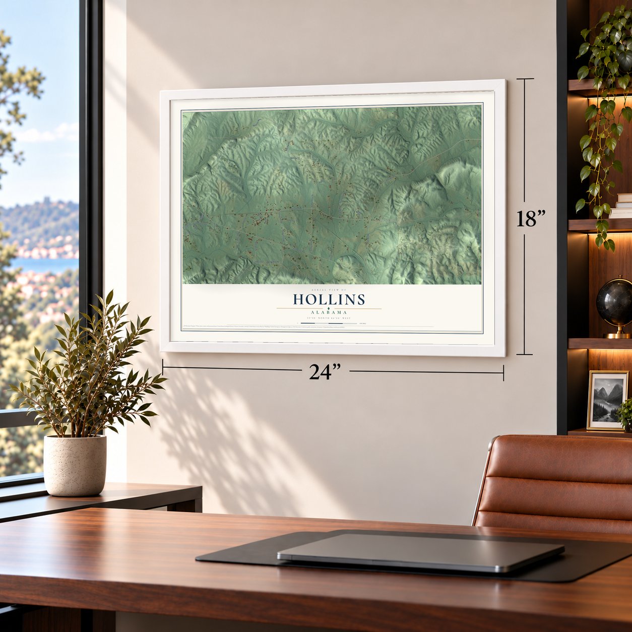 Hollins, Alabama map, 18 x 24 inch print in a white frame in a home office