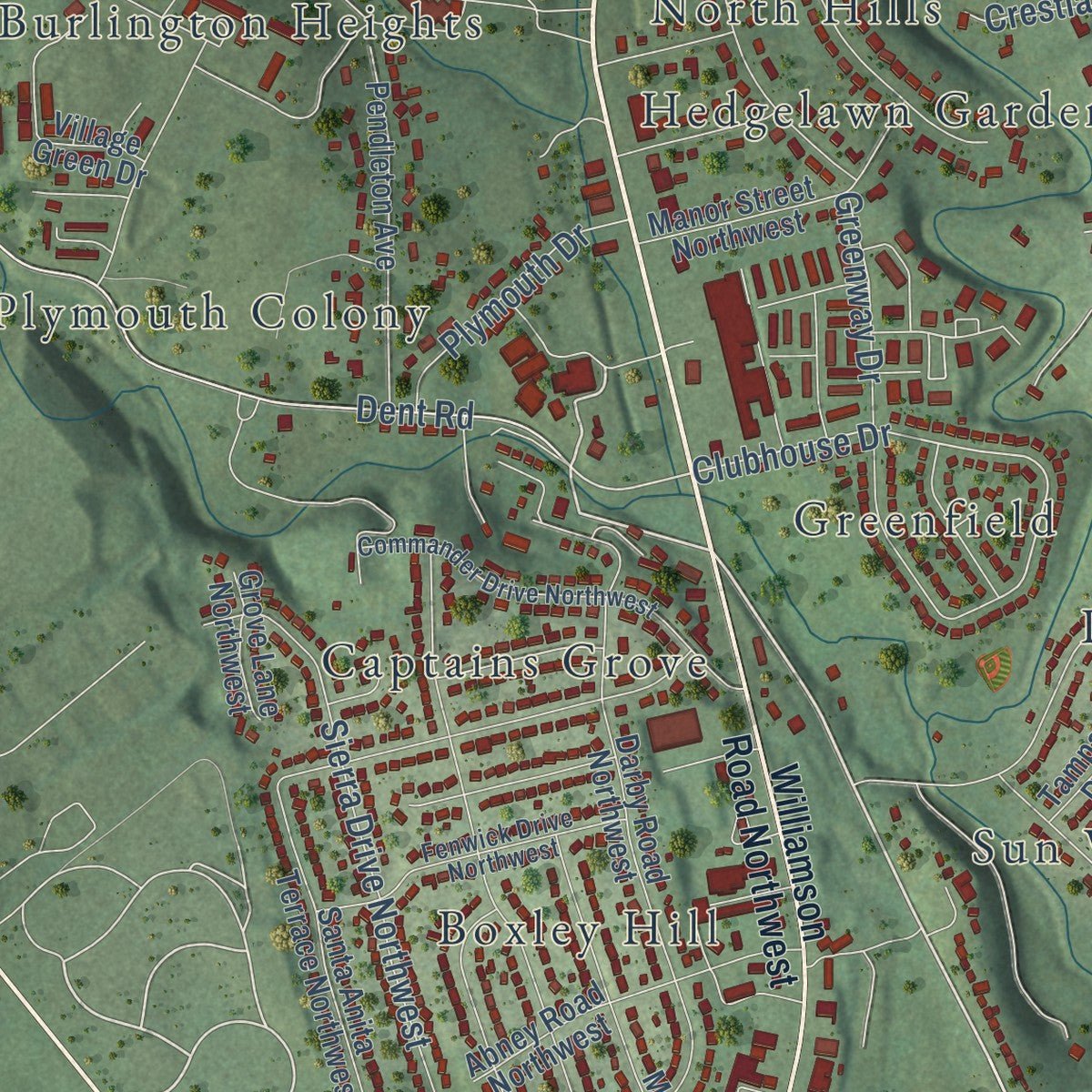 Second close-up of the map of Hollins, Virginia print showing more streets and buildings