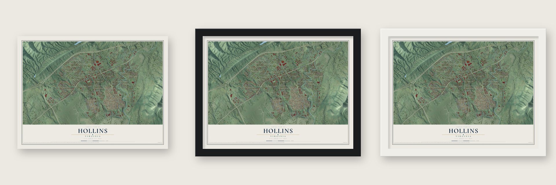 Hollins, Virginia map unframed, in a black wood frame and in a white wood frame