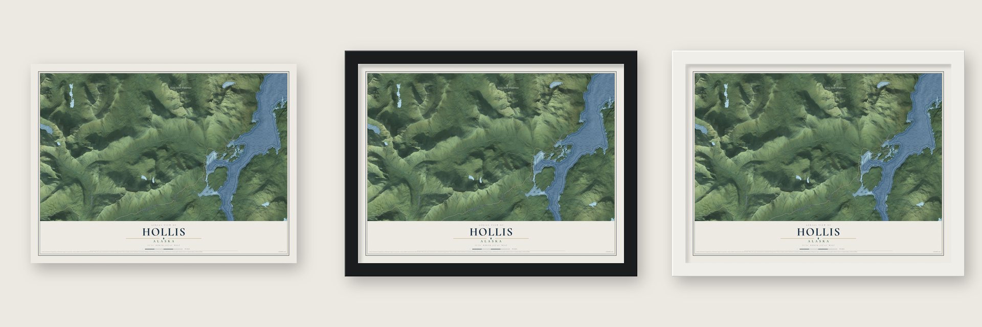 Hollis, Alaska map unframed, in a black wood frame and in a white wood frame