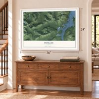 Hollis, Alaska map, 24 x 36 inch print in a white frame above a dresser by a staircase