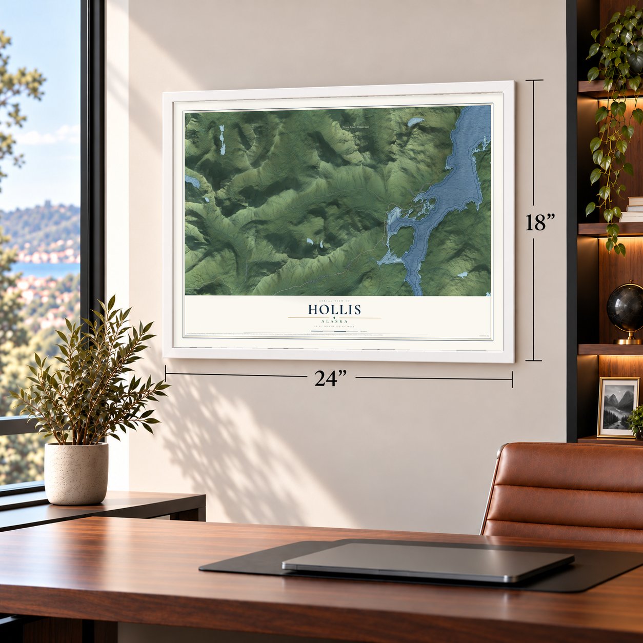 Hollis, Alaska map, 18 x 24 inch print in a white frame in a home office