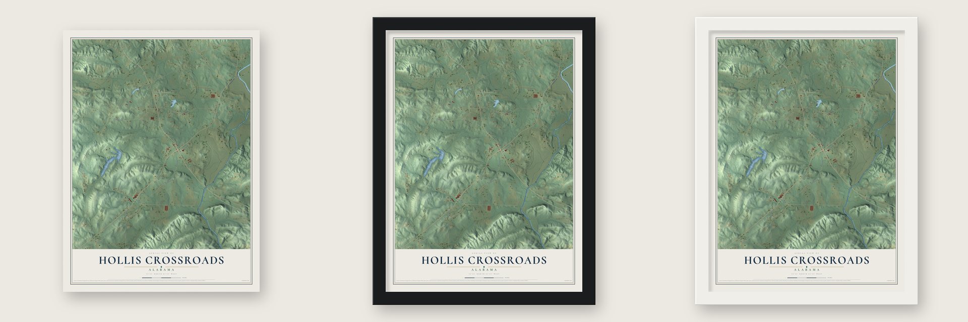 Hollis Crossroads, Alabama map unframed, in a black wood frame and in a white wood frame