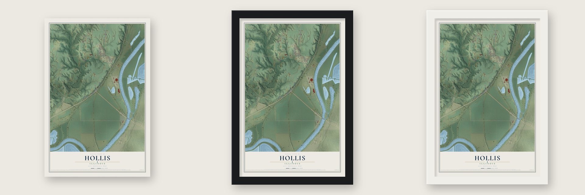 Hollis, Illinois map unframed, in a black wood frame and in a white wood frame