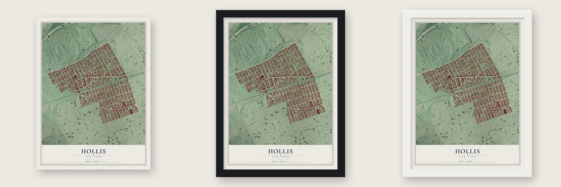 Hollis, New York map unframed, in a black wood frame and in a white wood frame