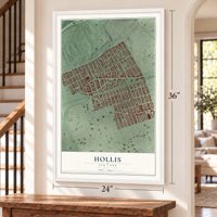 Hollis, New York map, 24 x 36 inch print in a white frame by a staircase