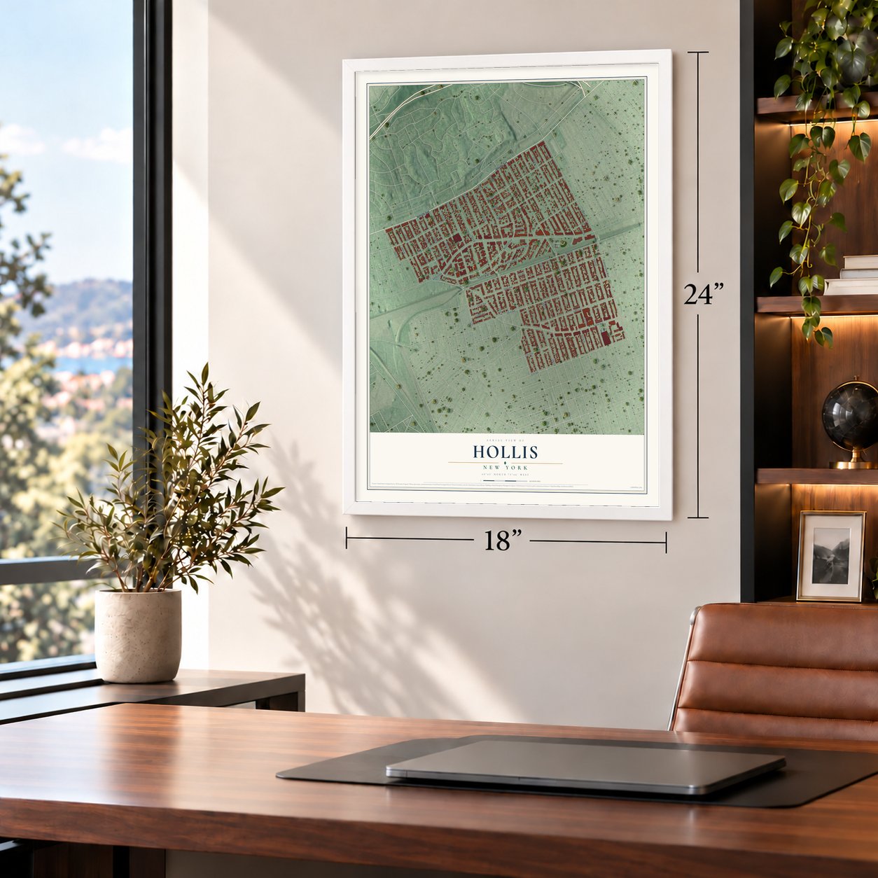Hollis, New York map, 18 x 24 inch print in a white frame in a home office