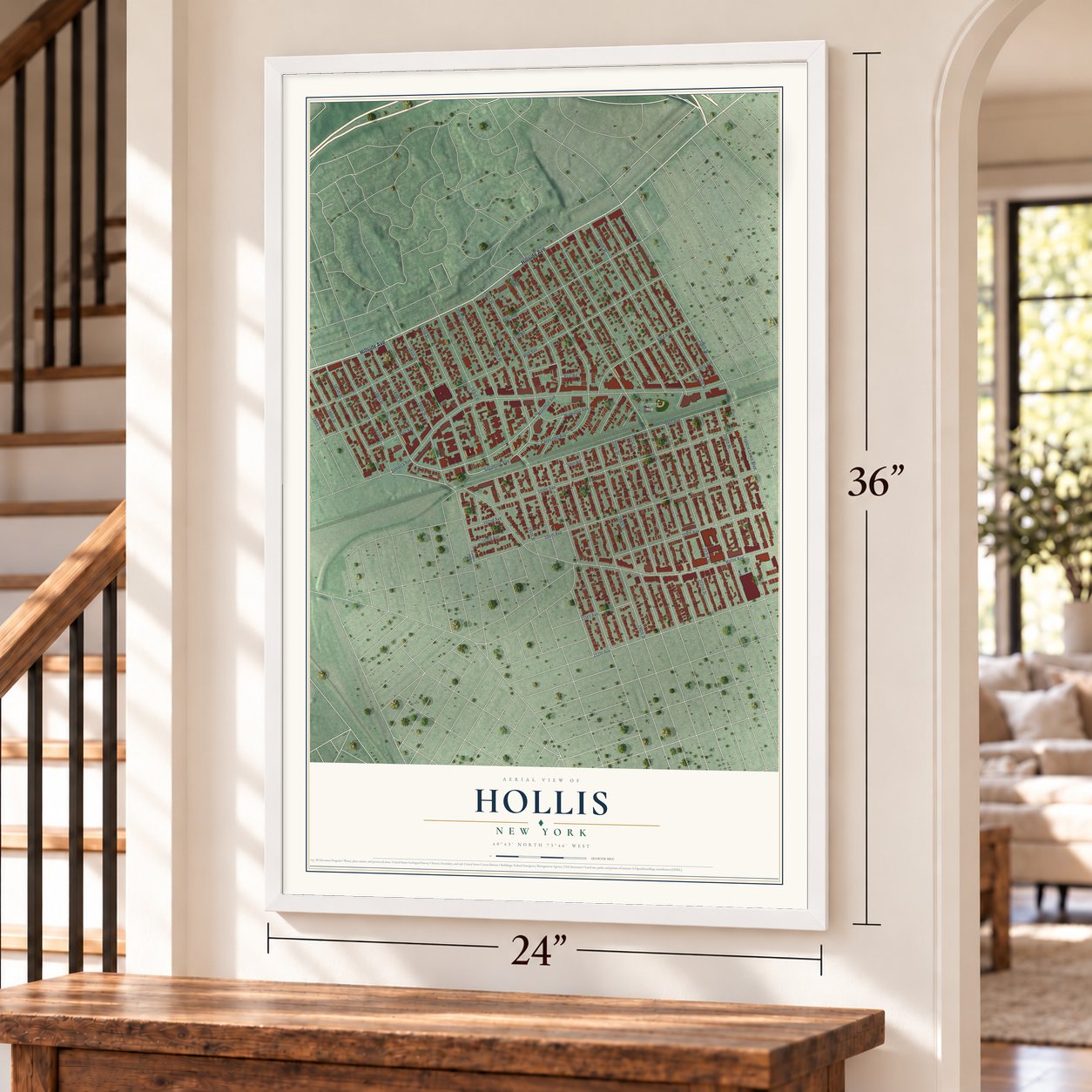 Hollis, New York map, 24 x 36 inch print in a white frame by a staircase