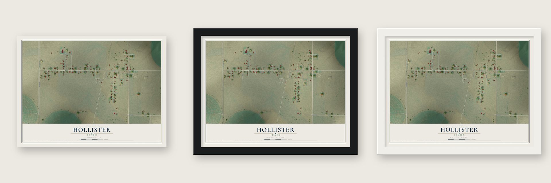 Hollister, Idaho map unframed, in a black wood frame and in a white wood frame