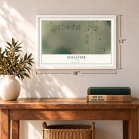 Hollister, Idaho map, 12 x 18 inch print in a white frame in an entryway