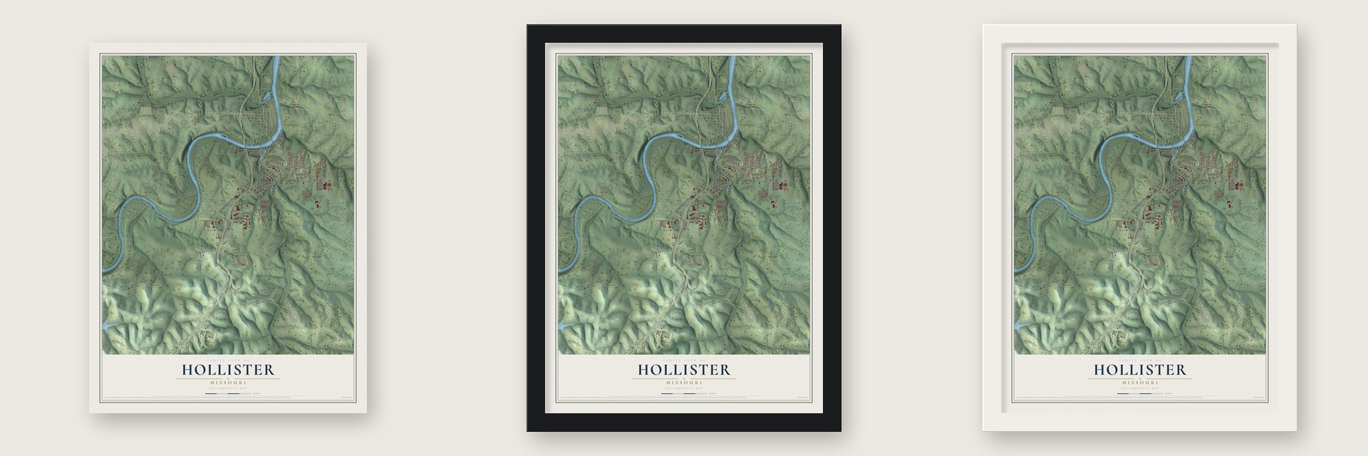 Hollister, Missouri map unframed, in a black wood frame and in a white wood frame