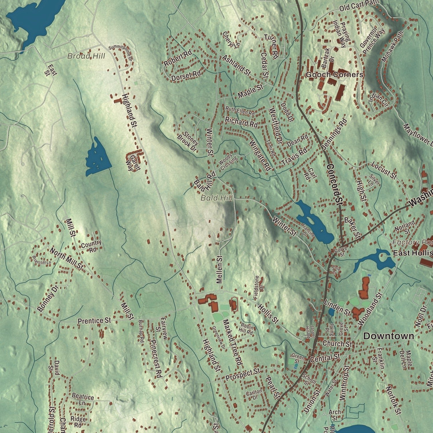 Close-up of the map of Holliston, Massachusetts print showing terrain and local geography