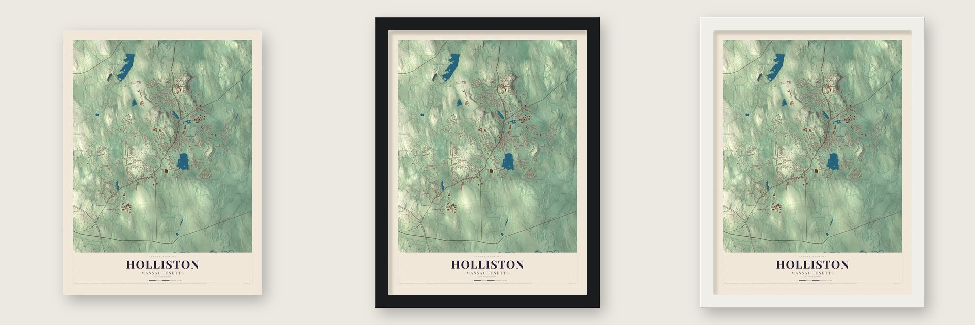 Holliston, Massachusetts map unframed, in a black wood frame and in a white wood frame