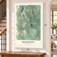 Holliston, Massachusetts map, 24 x 36 inch print in a white frame by a staircase