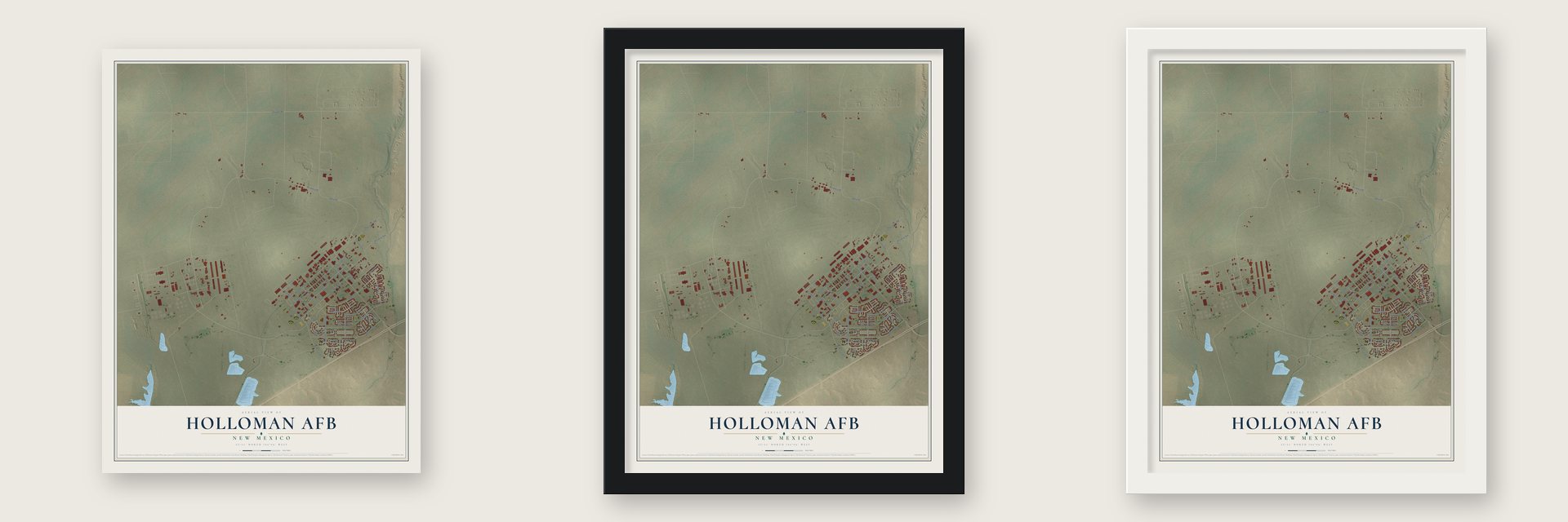 Holloman AFB, New Mexico map unframed, in a black wood frame and in a white wood frame