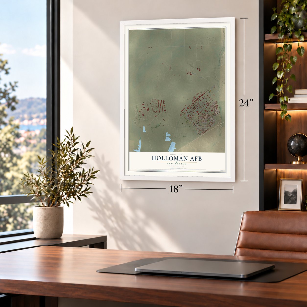 Holloman AFB, New Mexico map, 18 x 24 inch print in a white frame in a home office