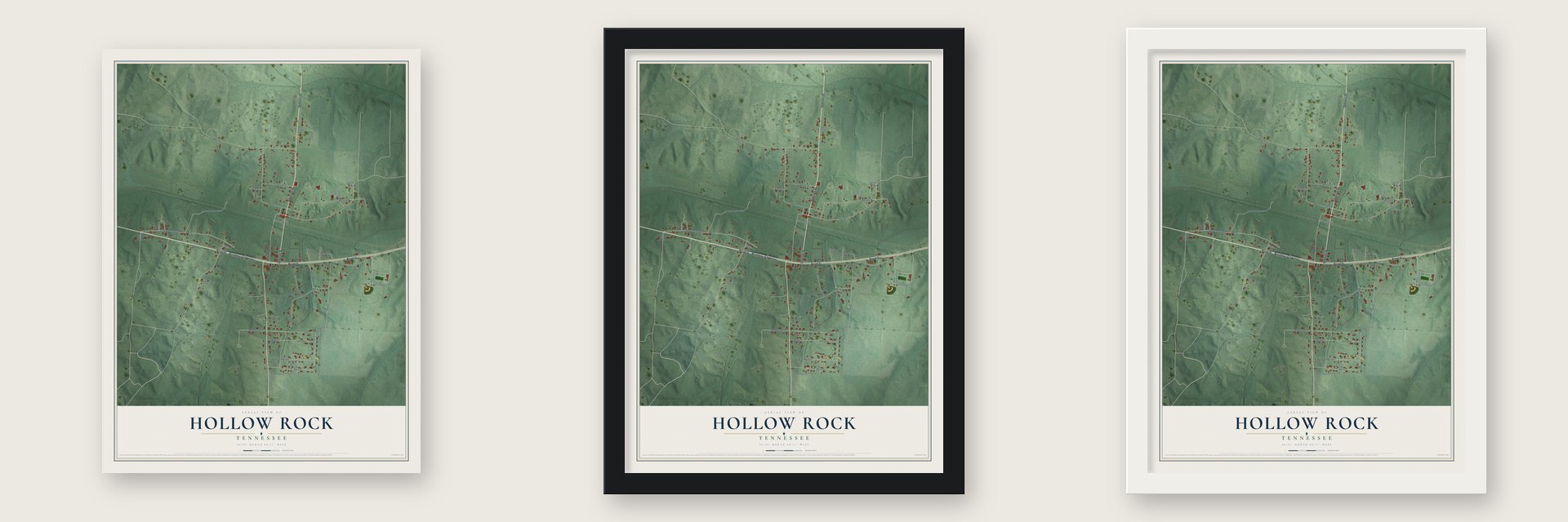 Hollow Rock, Tennessee map unframed, in a black wood frame and in a white wood frame