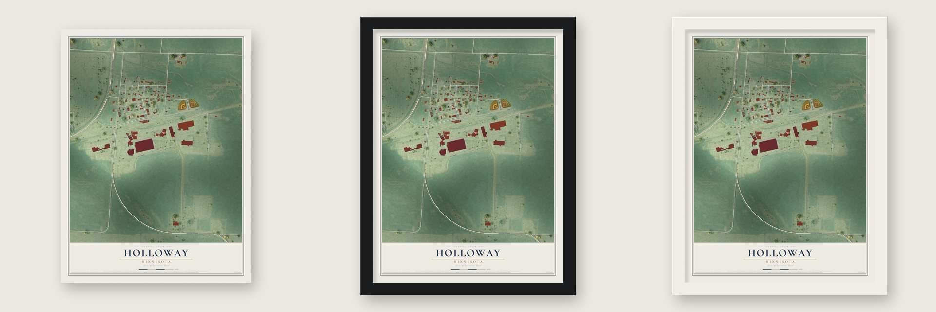 Holloway, Minnesota map unframed, in a black wood frame and in a white wood frame