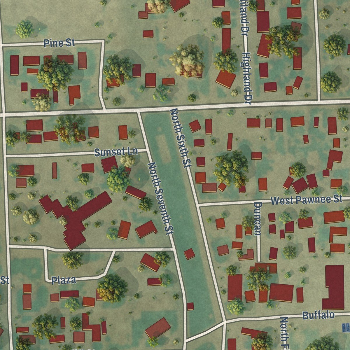Second close-up of the map of Holly, Colorado print showing more streets and buildings