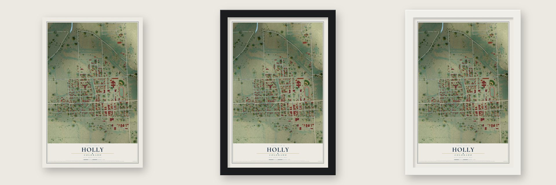 Holly, Colorado map unframed, in a black wood frame and in a white wood frame