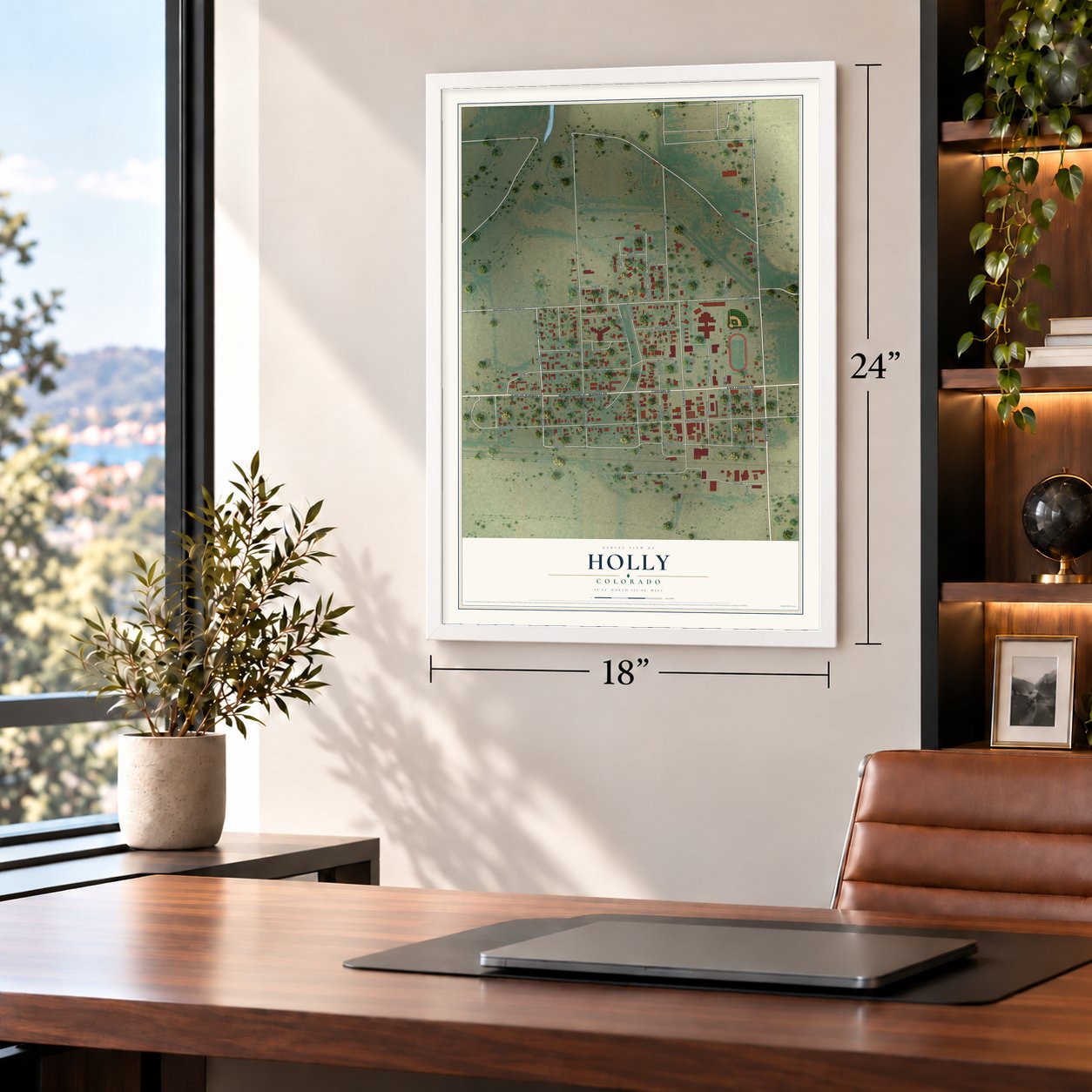 Holly, Colorado map, 18 x 24 inch print in a white frame in a home office