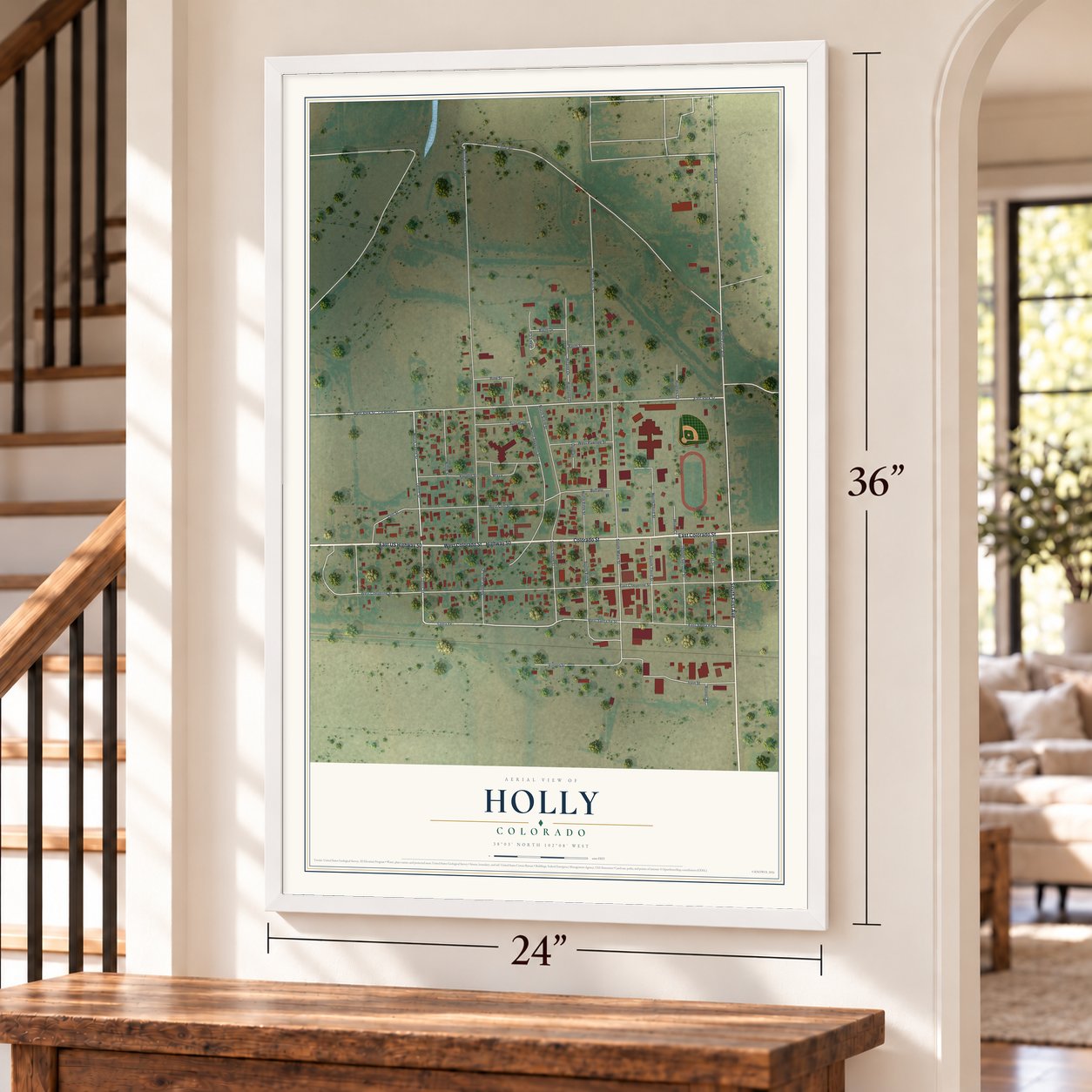 Holly, Colorado map, 24 x 36 inch print in a white frame by a staircase