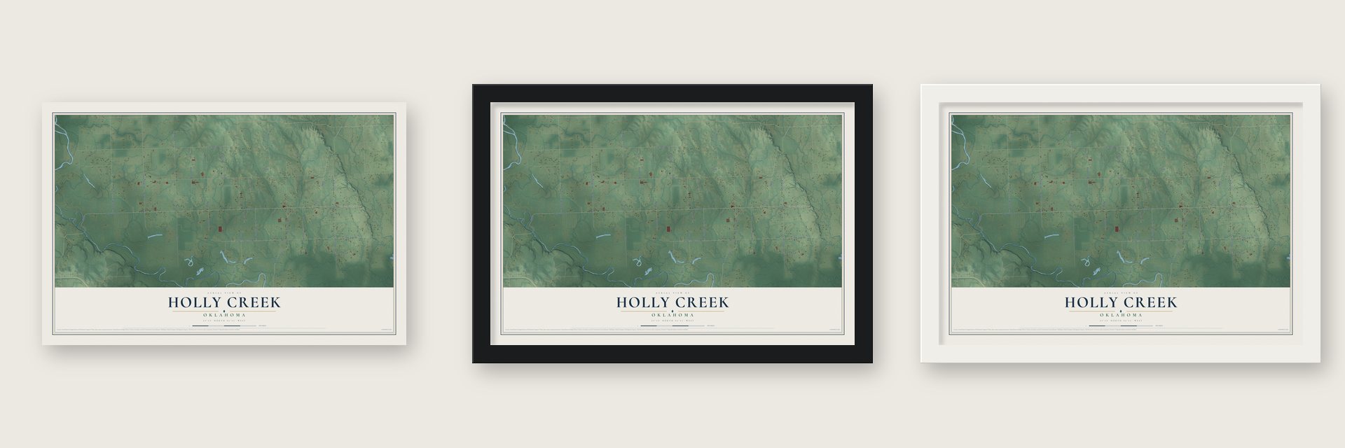 Holly Creek, Oklahoma map unframed, in a black wood frame and in a white wood frame