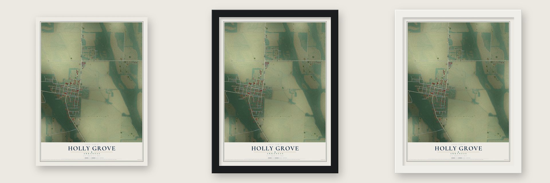Holly Grove, Arkansas map unframed, in a black wood frame and in a white wood frame