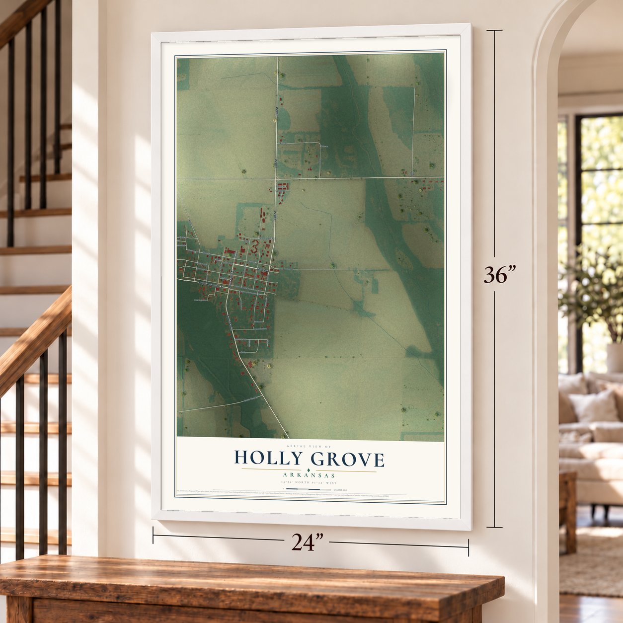 Holly Grove, Arkansas map, 24 x 36 inch print in a white frame by a staircase
