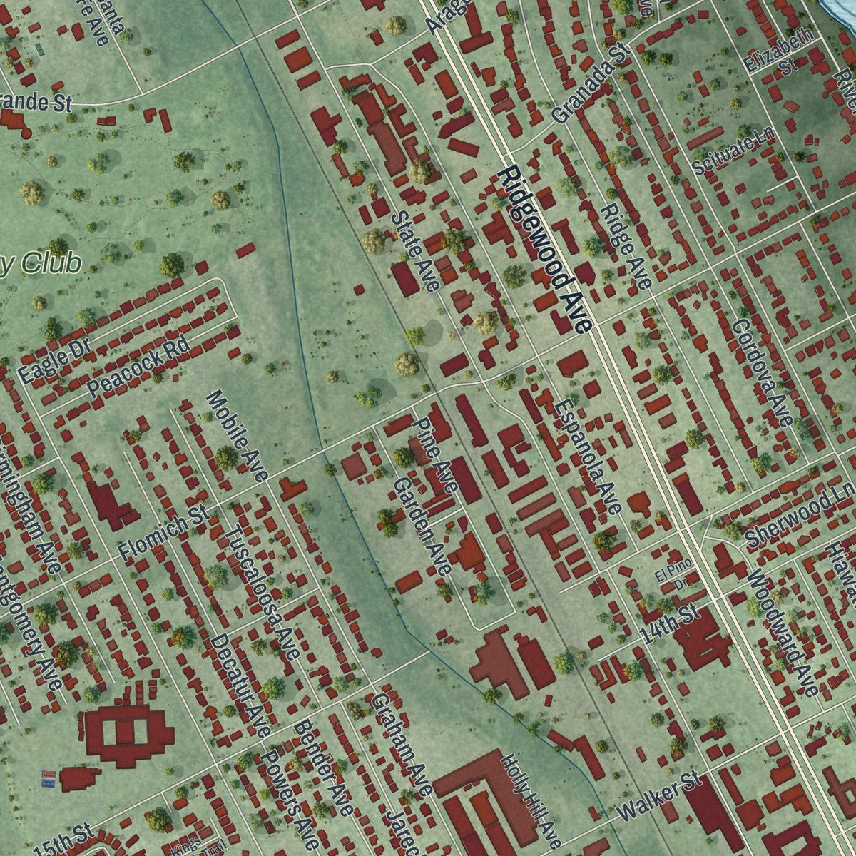 Second close-up of the map of Holly Hill, Florida print showing more streets and buildings