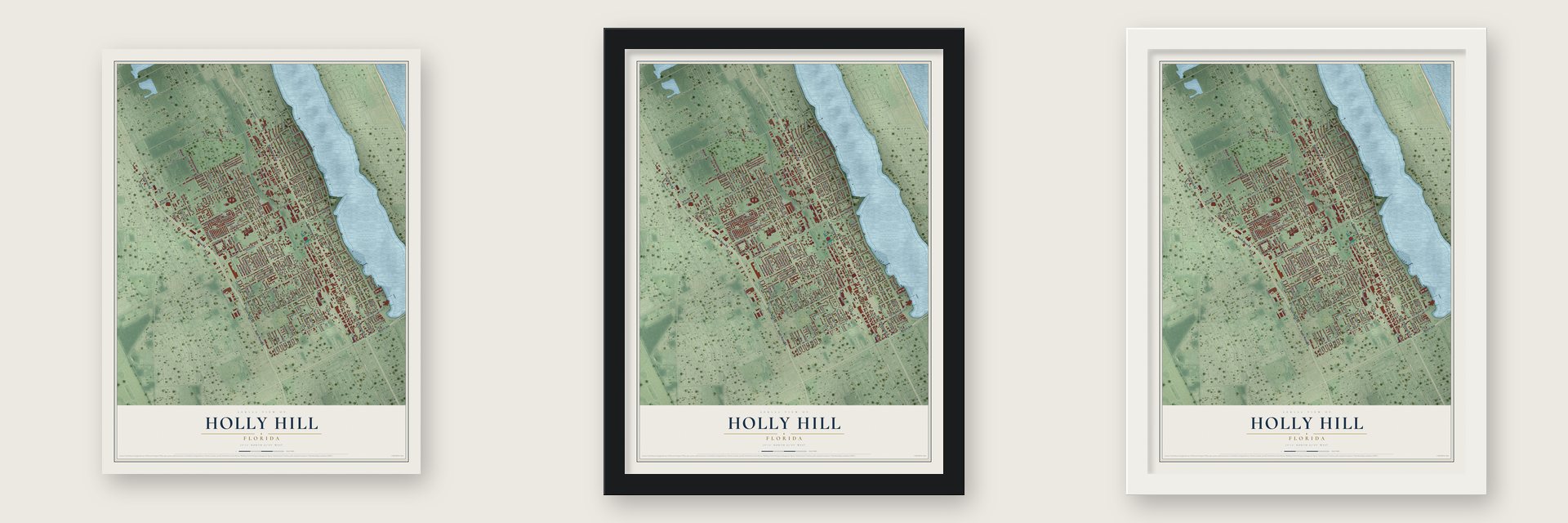 Holly Hill, Florida map unframed, in a black wood frame and in a white wood frame