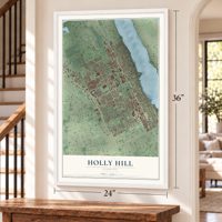 Holly Hill, Florida map, 24 x 36 inch print in a white frame by a staircase