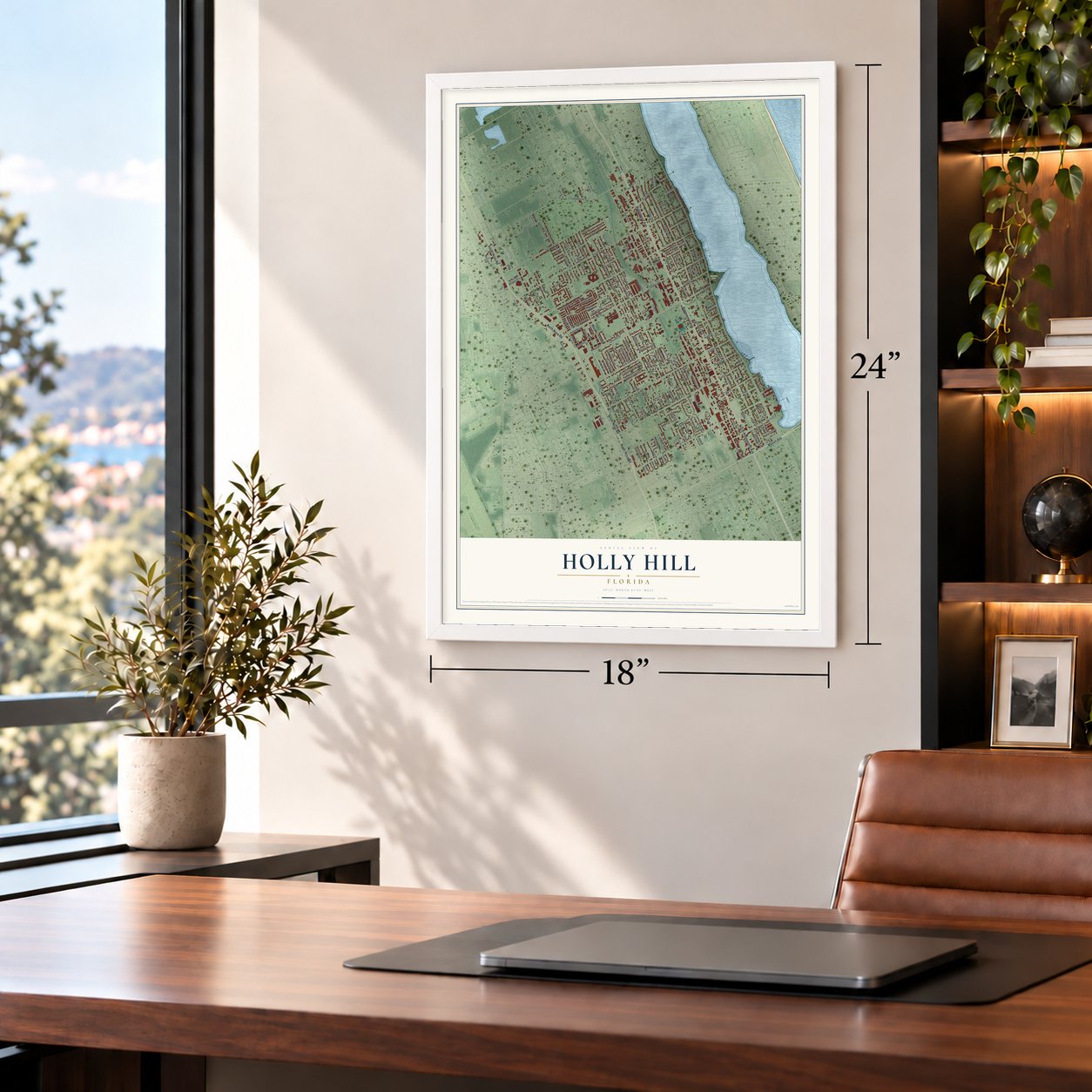 Holly Hill, Florida map, 18 x 24 inch print in a white frame in a home office