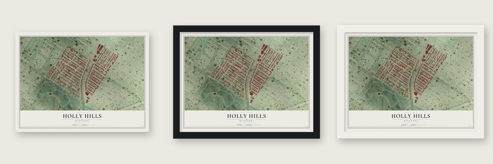 Holly Hills, Missouri map unframed, in a black wood frame and in a white wood frame