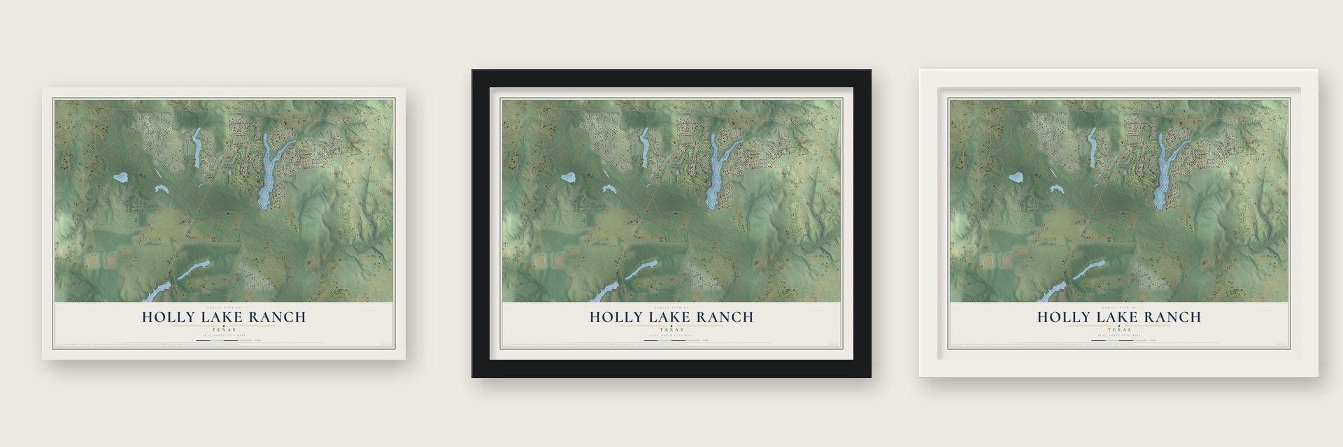 Holly Lake Ranch, Texas map unframed, in a black wood frame and in a white wood frame