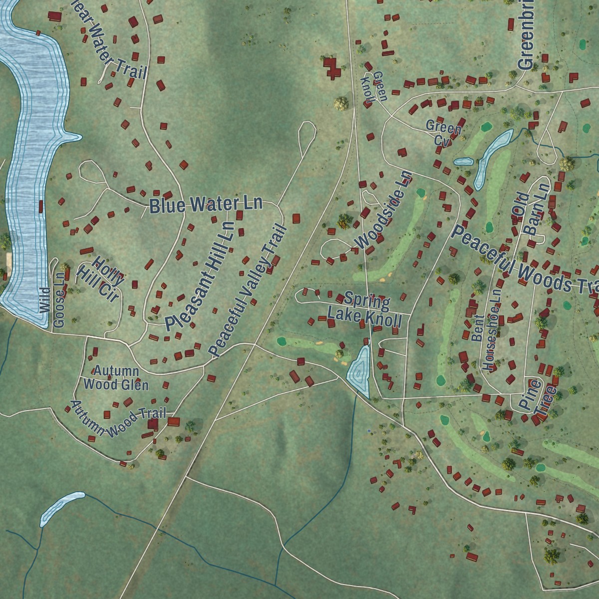 Second close-up of the map of Holly Lake Ranch, Texas print showing more streets and buildings