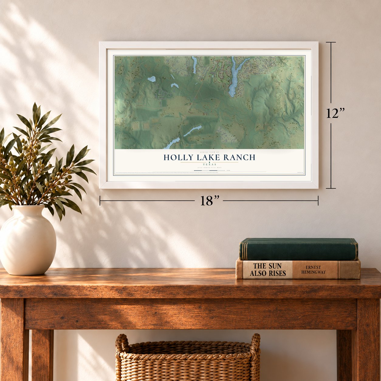Holly Lake Ranch, Texas map, 12 x 18 inch print in a white frame in an entryway